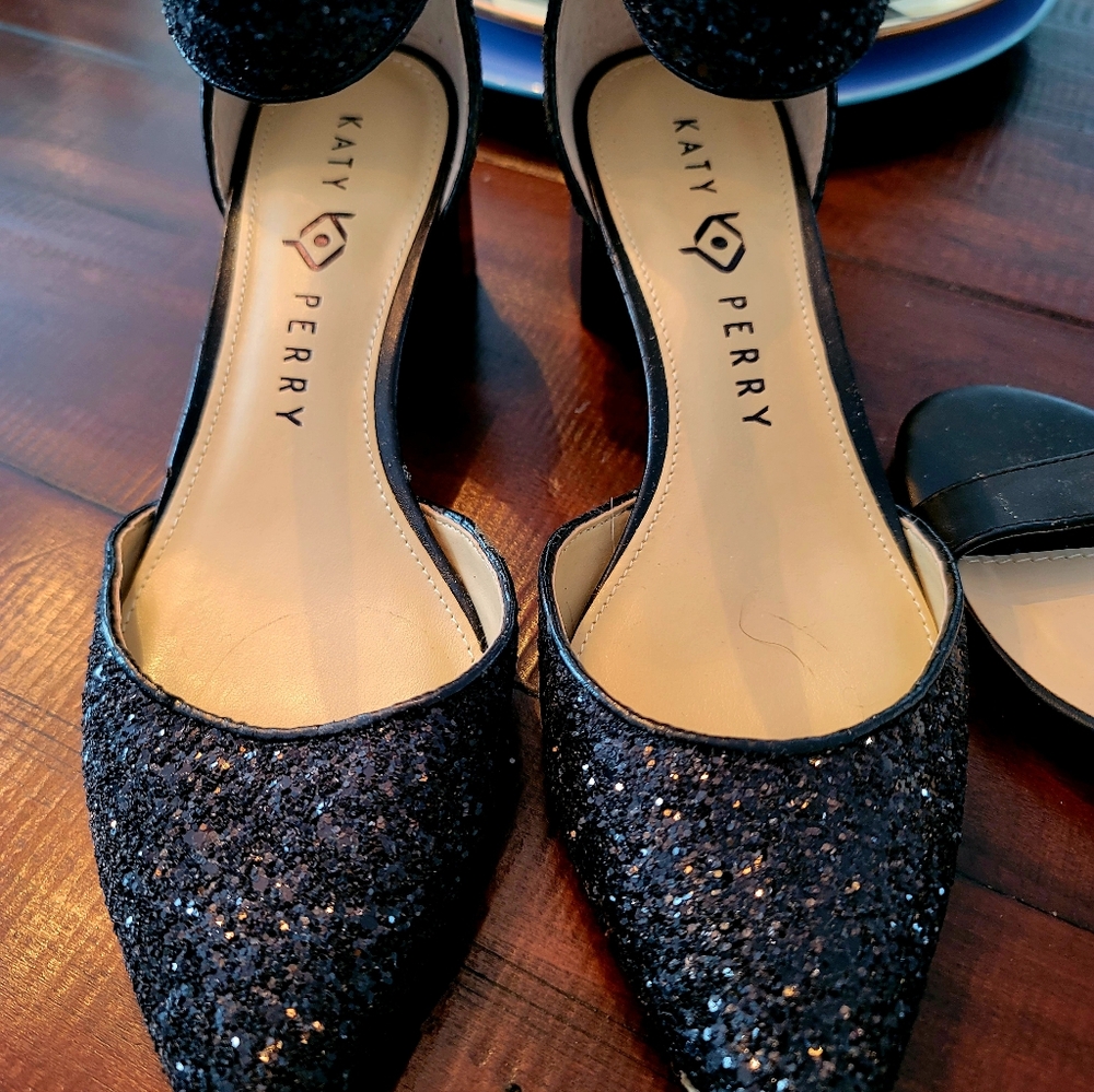 Katy Perry Jo low ankle sparkly black chunky heels sandals